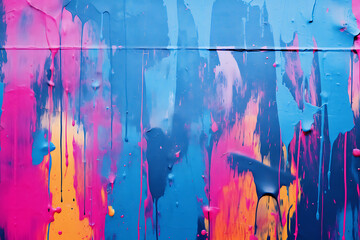 Messy paint strokes and smudges on an old painted wall background. Abstract wall surface with part of graffiti. Colorful drips, flows, streaks of paint and paint 