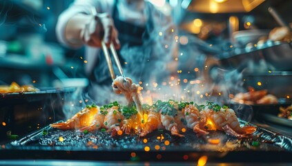 Chef skillfully grilling garnished shrimps in professional kitchen