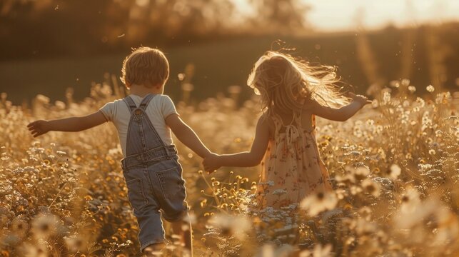 Carefree Joy. Siblings run hand-in-hand through a field of wildflowers, symbolizing childhood innocence.