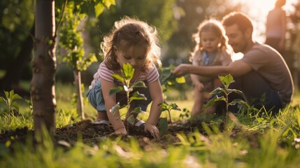 Fototapeta premium Family planting trees in lush green park. Environmental stewardship in action amid sunlit nature.