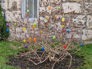 Frühlingsstrauch mit bunten Ostereiern im Vorgarten geschmückt