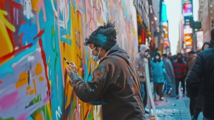 Street artist creates a vibrant mural on a city wall.