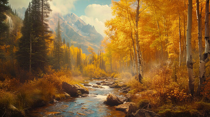 morning in the mountains and yellow trees 