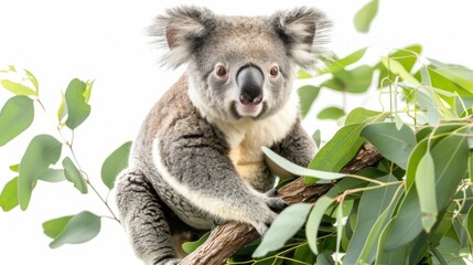 Koala Cuddles. Fluffy koala perched on a eucalyptus branch.