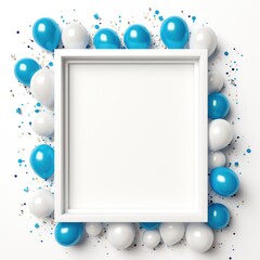 Fototapeta na wymiar White frame with blue balloons and confetti