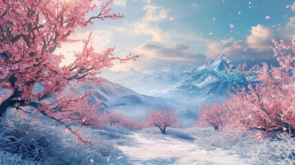 winter landscape with pink cherry trees