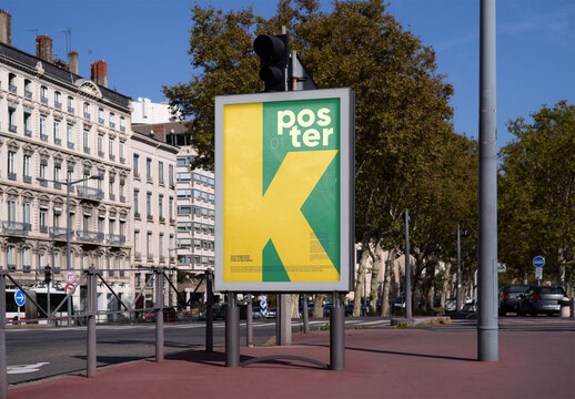 Mockup of vertical customizable sign in plaza