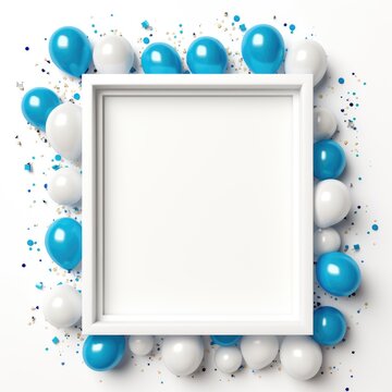White frame with blue balloons and confetti