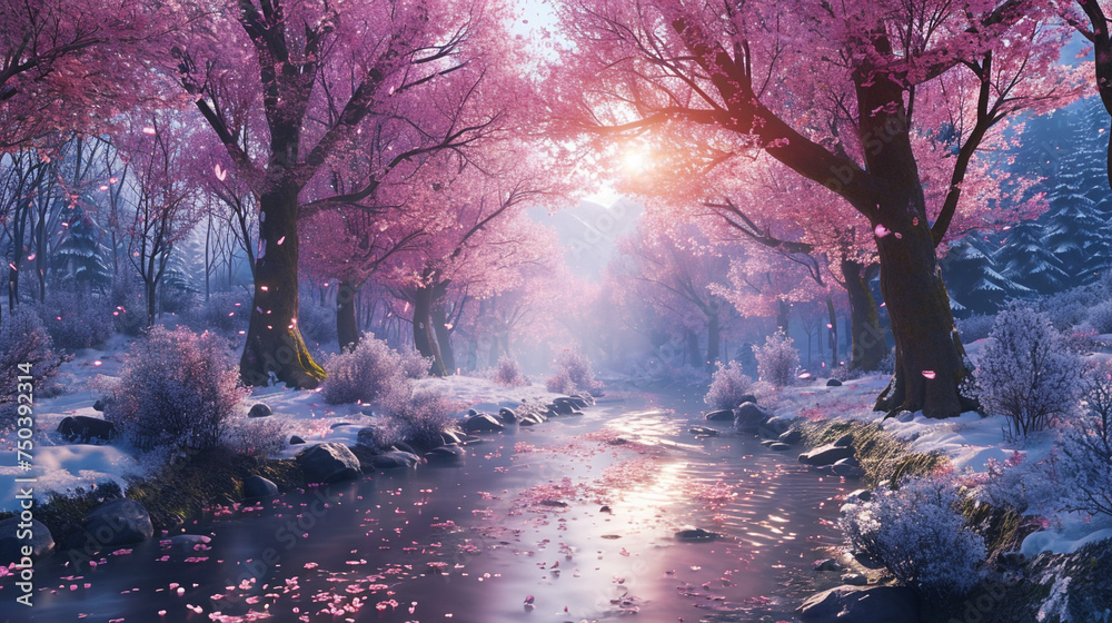 Wall mural pink autumn forest in the morning - Wall murals