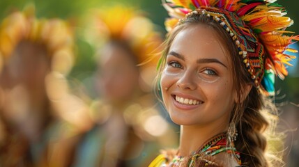 Fototapeta premium Young woman in colorful Indian headdress outdoors