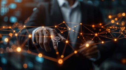 A businessman holding a blockchain network in the business and finance sector and establishing secure connections in the city.