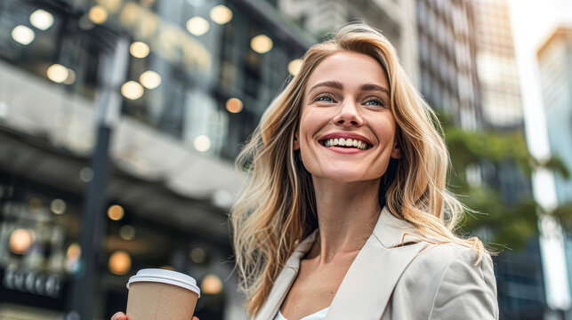 A woman with blonde hair is smiling and holding a coffee cup. She is wearing a white jacket and she is happy