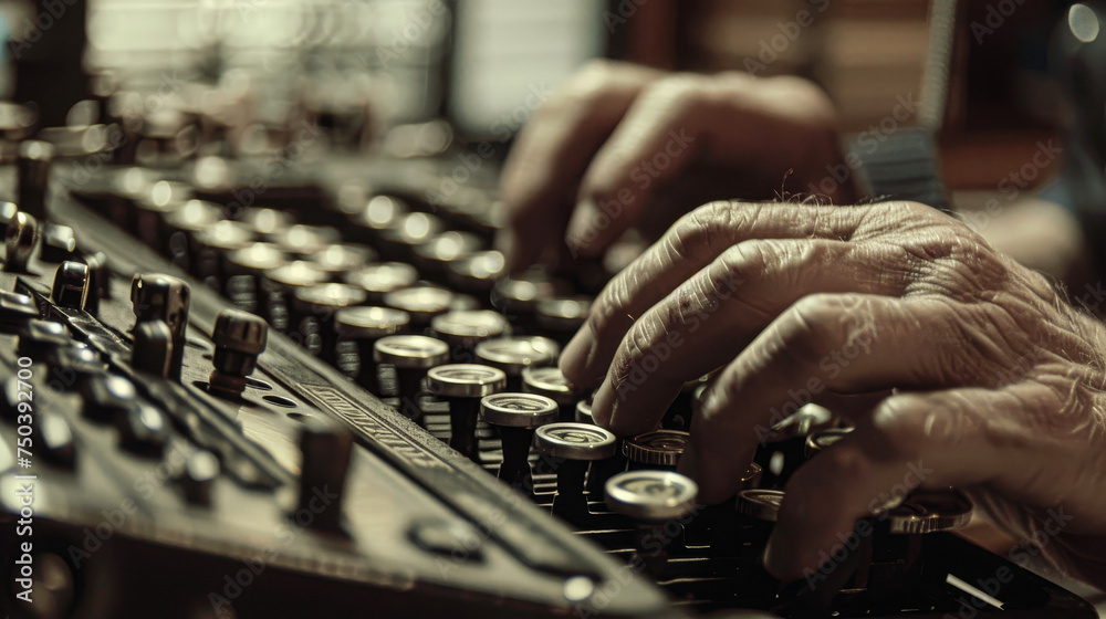 Fototapete an old man is typing on a typewriter. concept of nostalgia and a longing for the past. the typewrite
