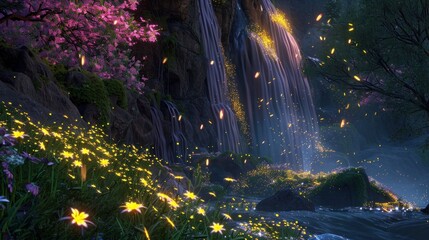 Enchanting fairytale garden with glowing fireflies and waterfall.