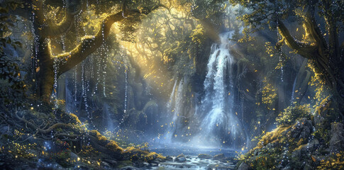 Serene forest waterfall, evoking timeless enchantment and fairy tale magic. - obrazy, fototapety, plakaty
