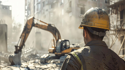 A man in a hard hat stands in front of a large construction site. The scene is chaotic and messy, with debris scattered everywhere. The man is overseeing the work - obrazy, fototapety, plakaty