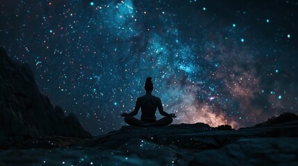 Fototapeta na wymiar Figure meditating under shimmering stars on a celestial platform, transcending earthly confines to embrace interstellar tranquility.