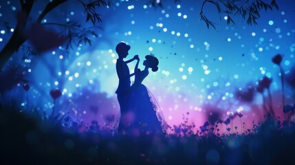 Animated characters embrace in a romantic dance under stardust.