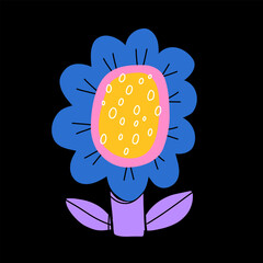 Vector illustration with abstract cute spring flower and leaves in flat cartoon style. Kids design, for fabric, wrapping, textile, wallpaper