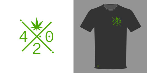 Vector illustration fashionable authentic popular t-shirt with hemp icon, ganjubas leaf 420 symbol