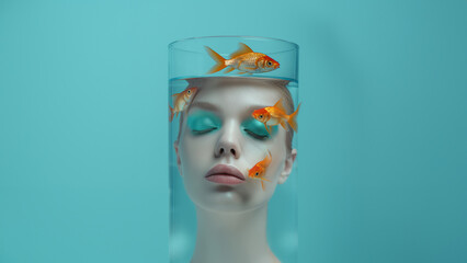 Witziges Frauen Gesicht mit Goldfischen im Glas als Werbefoto und Poster