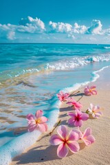 Fototapeta na wymiar Paradise Beach, White Sand, Plumeria, Ocean Wave, Exotic Beach, Tropical Vacation, Hibiscus Flowers