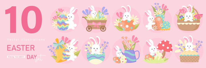 Happy Easter Set. designs for spring holidays. Cute congratulations with painted easter eggs, rabbits, bunnies, festive cakes. Colored flat vector illustrations