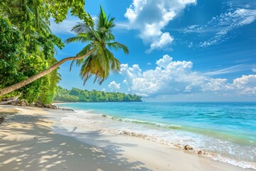 Picturesque Tropical Coast with White Sand, Blue Sea at Hot Afternoon, Beautiful Paradise Beach - obrazy, fototapety, plakaty