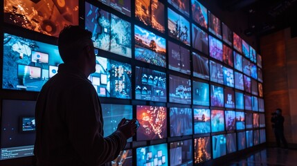 Media monitoring room. A person standing in front of a large video wall displaying various images and data, illustrating a high-tech surveillance or command center concept. - obrazy, fototapety, plakaty