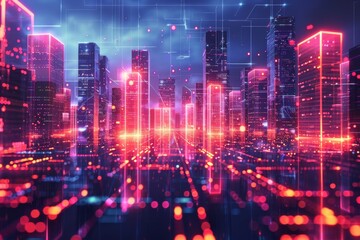 A digital artwork of a bustling futuristic city aglow with neon lights, reflecting advanced urban development and technology.