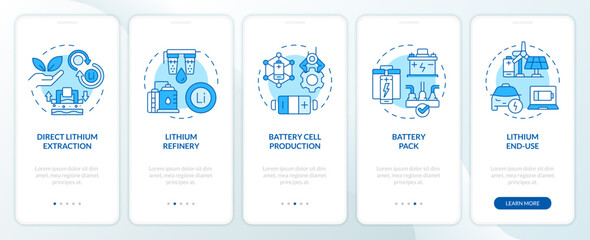 Fototapeta na wymiar Battery cell production blue onboarding mobile app screen. Walkthrough 5 steps editable graphic instructions with linear concepts. UI, UX, GUI template. Myriad Pro-Bold, Regular fonts used