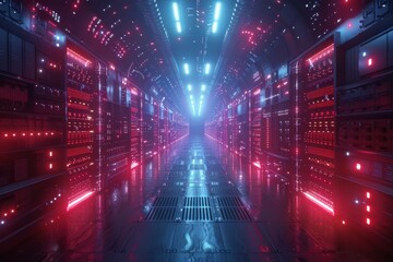 A modern data center with high-speed server racks illuminated by red lights, symbolizing power and high performance. - obrazy, fototapety, plakaty