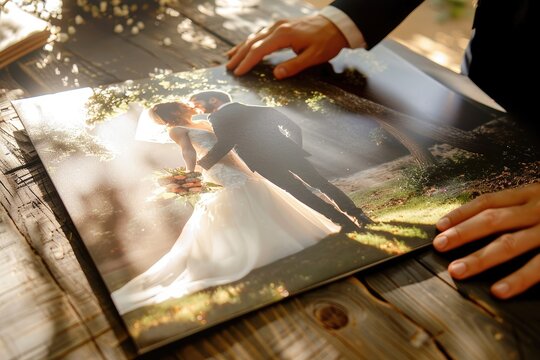 Wedding photo album on wooden table close-up