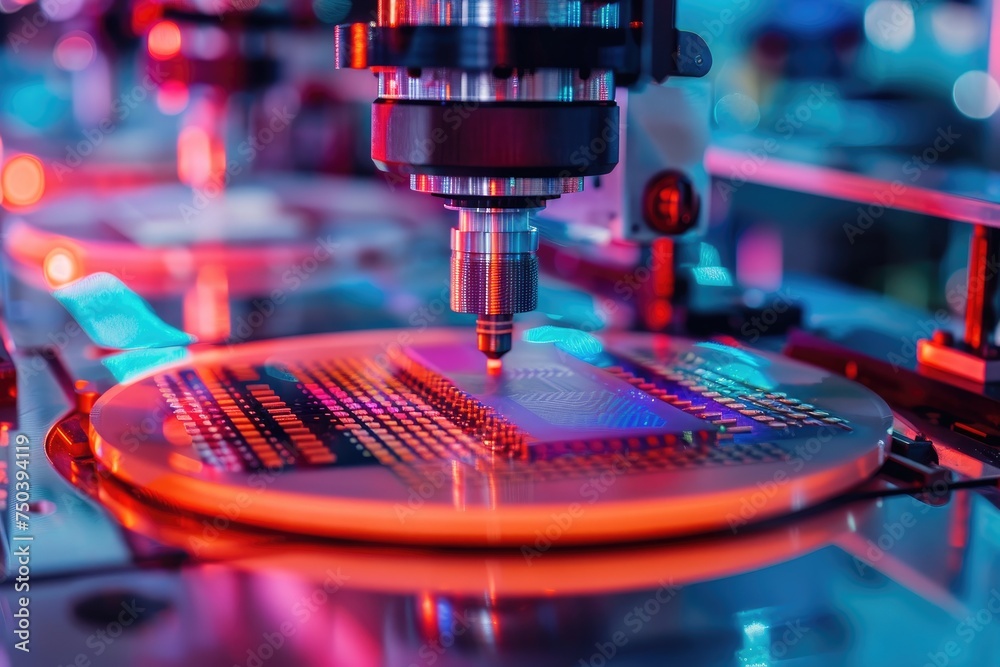 Poster robotic manufacturing of semiconductors and computer chips from silicon wafers. modern technology co