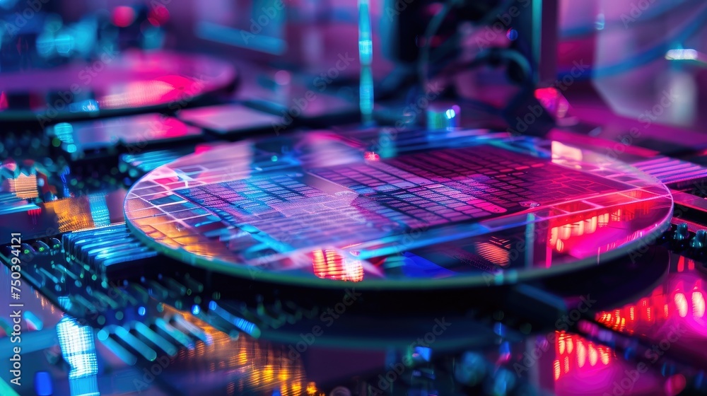 Poster robotic manufacturing of semiconductors and computer chips from silicon wafers. modern technology co