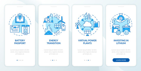 Fototapeta na wymiar Energy transition revolution blue onboarding mobile app screen. Walkthrough 4 steps editable graphic instructions with linear concepts. UI, UX, GUI template. Myriad Pro-Bold, Regular fonts used