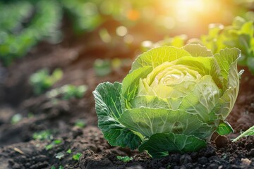 Growing cabbage in the field. The concept of ecological agriculture