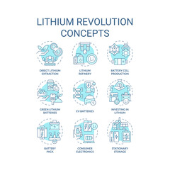 Lithium revolution soft blue concept icons. Battery manufacturing, usability. Efficiency energy solution. Icon pack. Vector images. Round shape illustrations for brochure, booklet. Abstract idea