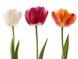 Elegant Trio of White, Red, and Orange Tulips on Isolated Background for Spring