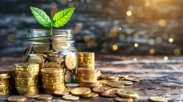 Financial Growth Depicted by Plant Growing in Coin filled Jar