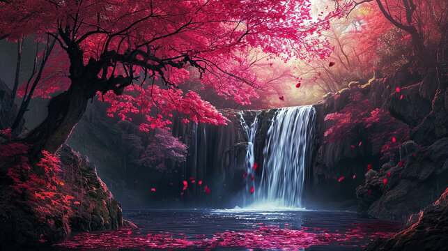 pink trees with waterfall 