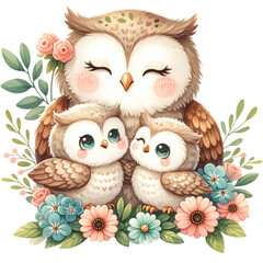 Obraz premium Mother and baby Owl watercolor clipart.Ai Generate