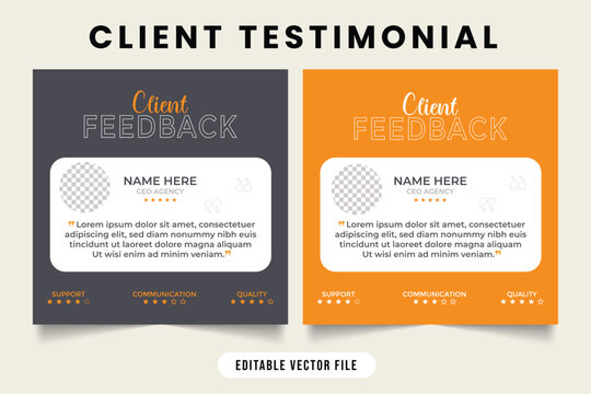 Customer service feedback template on a dark gray and yellow background. Customer feedback review or testimonial with rating section. customer feedback testimonial with quote and photo placeholder.