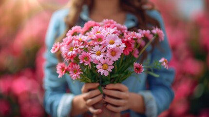 Obraz premium Girl holding a bouquet of pink daisies in her hands