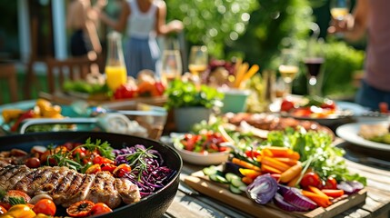 Obraz premium Backyard Dinner Table with Tasty Grilled Barbecue Meat, Fresh Vegetables and Salads. Happy Joyful People Dancing to Music, Celebrating and Having Fun in the Background on House Porch.