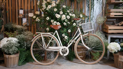 Fotobehang bicycle in the street with basket of flowers  © Sundas