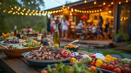 Backyard Dinner Table with Tasty Grilled Barbecue Meat, Fresh Vegetables and Salads. Happy Joyful People Dancing to Music, Celebrating and Having Fun in the Background on House Porch.