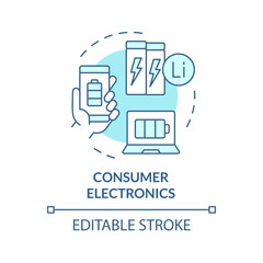 Consumer electronics soft blue concept icon. Portable lithium ion batteries. Safe energy solution. Round shape line illustration. Abstract idea. Graphic design. Easy to use in brochure, booklet