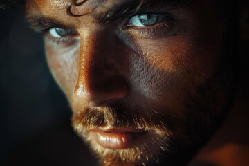 Fototapeta premium Close-up of a handsome man with piercing blue eyes and a rugged beard, exuding confidence.