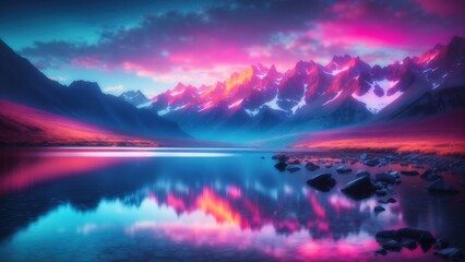 Glowing mountain range a serene neon lake
